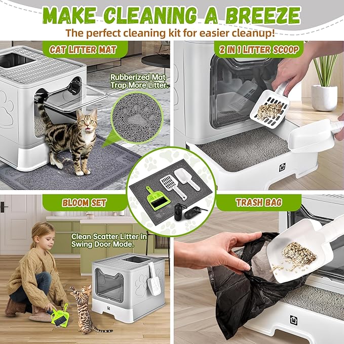 Enclosed Cat Litter Box with Lid Foldable Potty,Drawer Type Extra Large Cover Litter Box with Mat, Kitty Free in and Out/One-Way,Odor Control Anti-Splashing Easy Cleaning (Pale Grey)