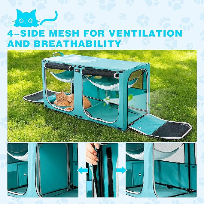 Huge Sapce Double Compartment Cat Travel Carrier with Litter Box & Homack | Cat Show Kennel Cage Crate with Mat & Water Bottle