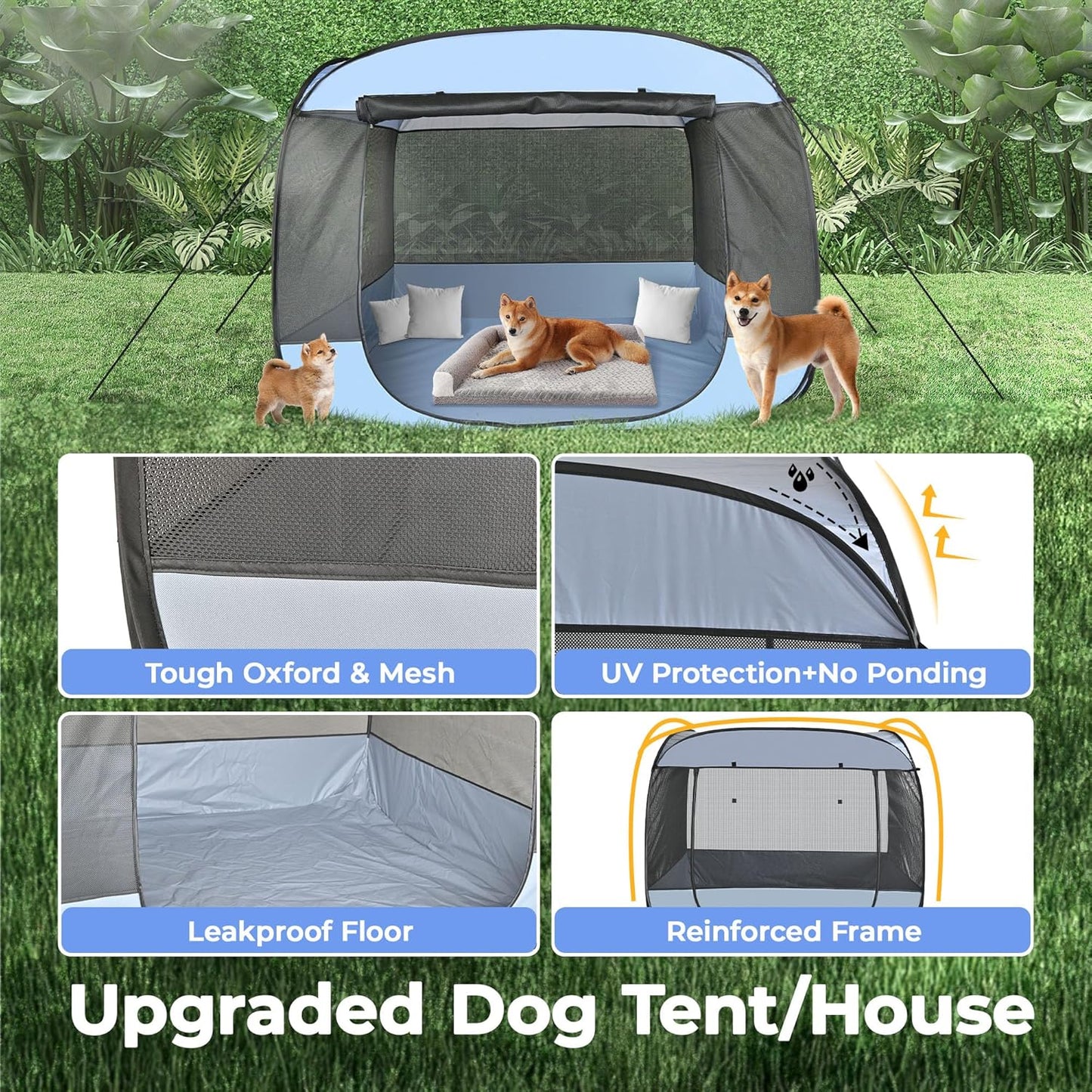 EighteenTek XLarge Popup Portable Dog Houses, 5.3'x4'H Assembly-Free Gazebo-Style Dog Cot Cat Playpen Screen Pet Tent Sun Shade Shelter Dog Bed with Canopy for Outdoor, Anti-Bugs with Leakproof Bottom - Pet Explorer