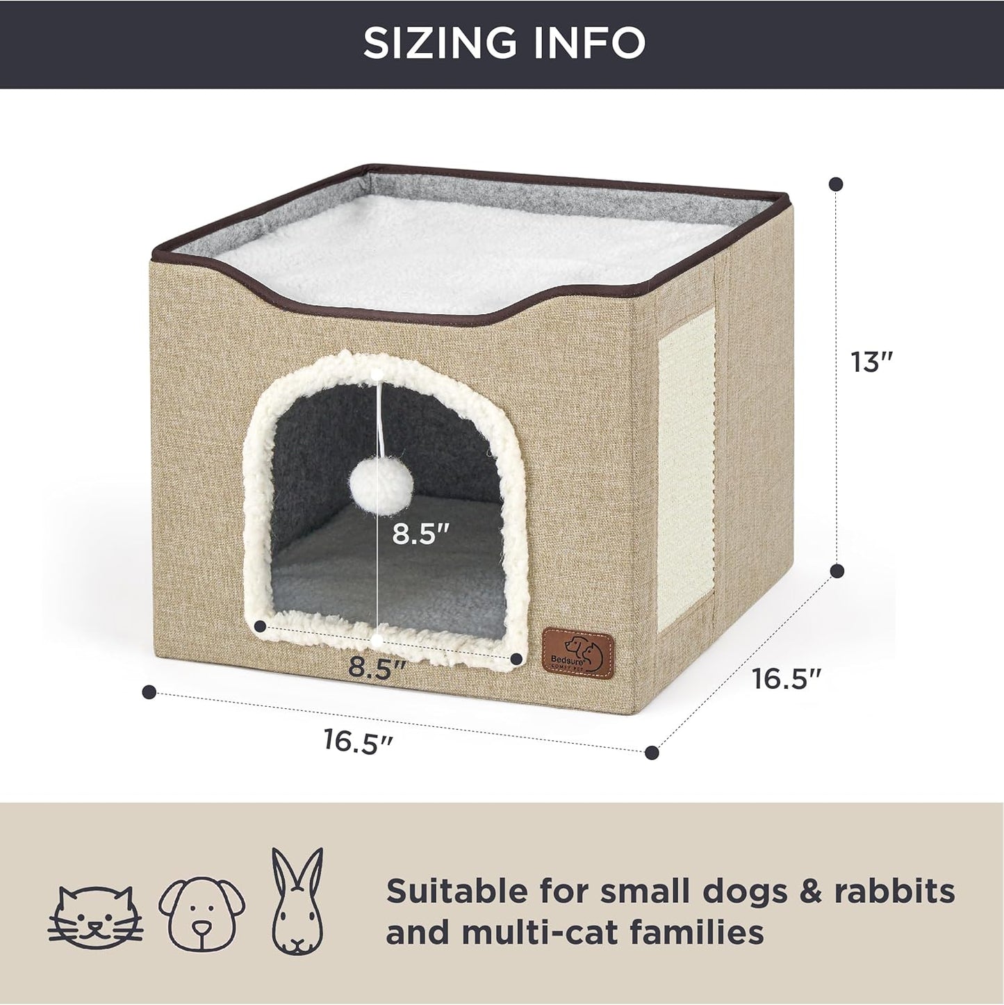 Bedsure Cat Beds for Indoor Cats - Large Cat Cave for Pet Cat House with Fluffy Ball Hanging and Scratch Pad, Foldable Cat Hideaway, 16.5x16.5x13 inches, Brown - Pet Explorer