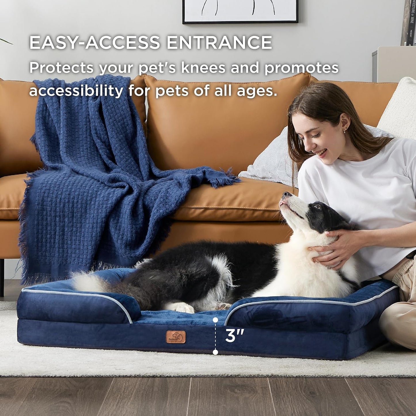 Bedsure Orthopedic Dog Bed for Extra Large Dogs - XL Washable Dog Sofa Beds Large, Supportive Foam Pet Couch Bed with Removable Washable Cover, Waterproof Lining and Nonskid Bottom, Navy Blue - Pet Explorer