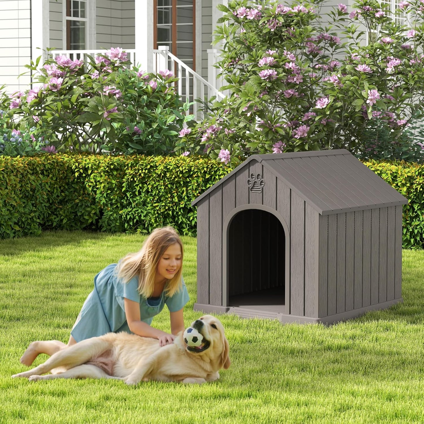 Large Dog House Outdoor Indoor for Medium Large Dogs, Durable Plastic Waterproof Doghouse with Air Vents and Elevated Floor, Easy Clean and Assemble (Grey, 36.2''L×38''W×38''H) - Pet Explorer