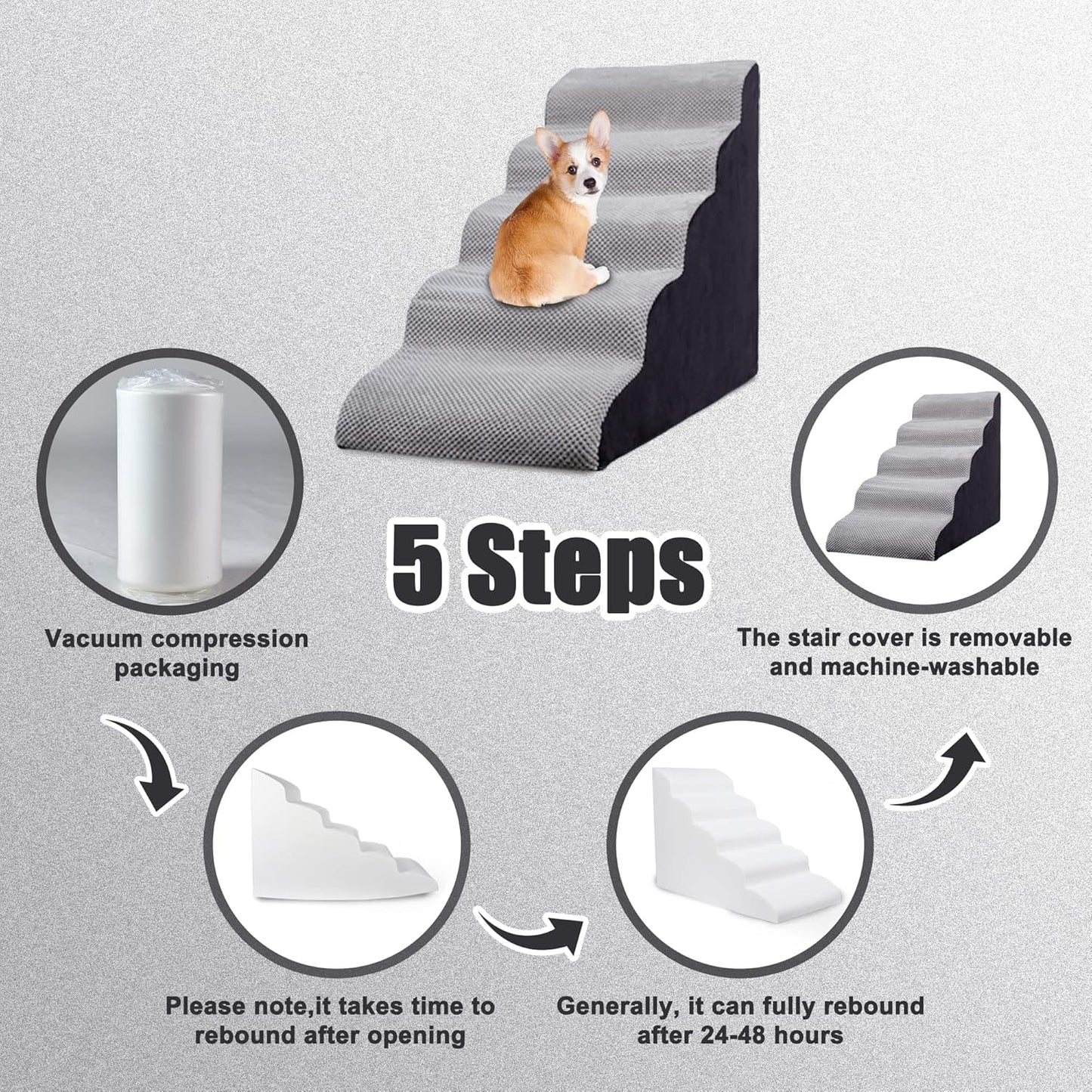 Curved Dog Stairs 24 inches High, Dog Ramp Stairs for Small Dogs for High Beds 20-25 inches Tall, 30D Foam Dog Steps for Beds 24 inches, Pet Stairs/Steps for Old Dogs Cats, Grey - Pet Explorer