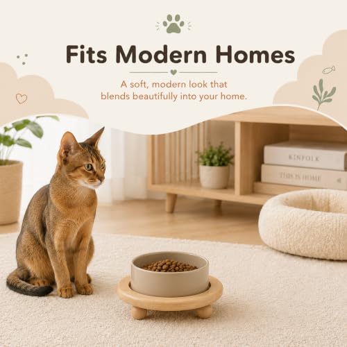 Raised Cat Bowl 5.1” Elevated Ceramic Cat Food and Water Bowl (Greige)