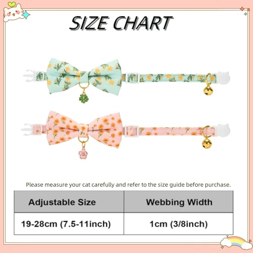 2 Pack Floral Cat Collars with Bow Tie and Bell Adjustable Breakaway Bowtie Cute Kitten Collar (S:Neck 7.0" - 11.0" / Floral Green+Pink)
