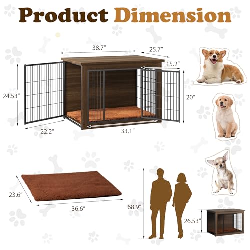 Wooden Dog Crate Furniture with Thick Cushion (L (38.7" x 25.7" x 26.9") / Brown)
