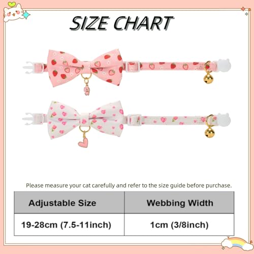 2 Pack Floral Cat Collars with Bow Tie and Bell Adjustable Breakaway Bowtie Cute Kitten Collar (S:Neck 7.0" - 11.0" / White Heart+Pink Strawberry)