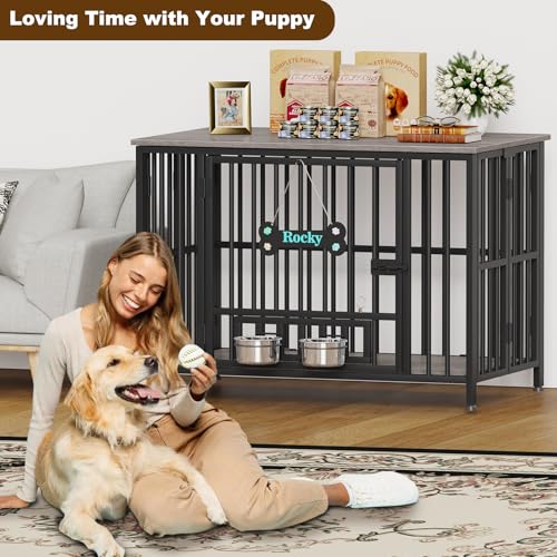 41" Dog Crate Furniture Foldable (Oak Grey / 41.3"L x 25.6"W x 28.6"H)