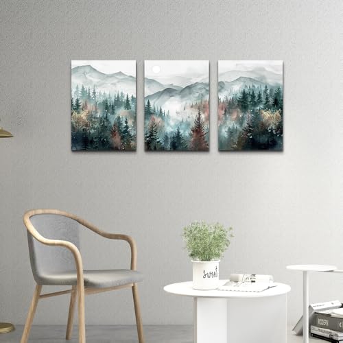 Farmhouse Wall Art For Bedroom Wall Decor For Living Room Wall Pictures for Office Fog Forest Mountain Landscape Watercolour Painting Artwork Modern Home Decorations Ready To Hang 3 Piece (12x16inches*3pcs / Foggy Forest Trees Landscape Pictures)