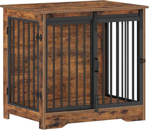 27.2" S Dog Crate Furniture Indoor Dog Kennel with Barn Door (Rustic Brown / 27.2"L x 19.3"W x 25.4"H)