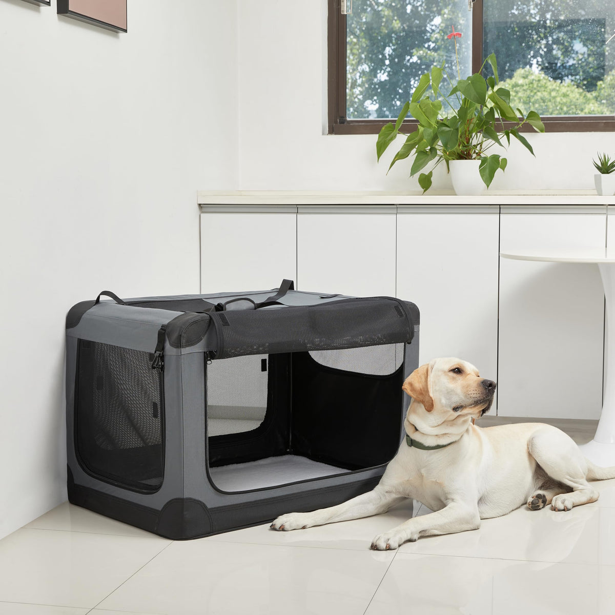 4 Door Portable Folding Soft Dog Crate (Grey / L 36" x 24" x 24")