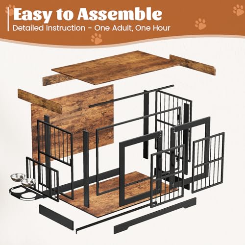 46" Dog Crate Furniture with Rotating Tray for Large Dogs Up to 55 lbs (Black / America Large)