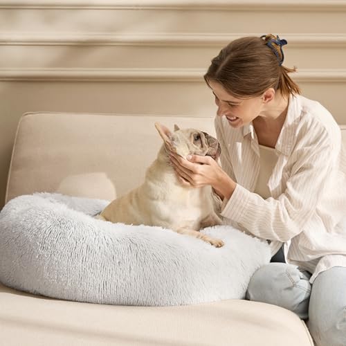 Calming Small Dog Bed Donut Washable Cat&Puppy Bed (23"L x 23"W x 8"Th / Frost Grey)