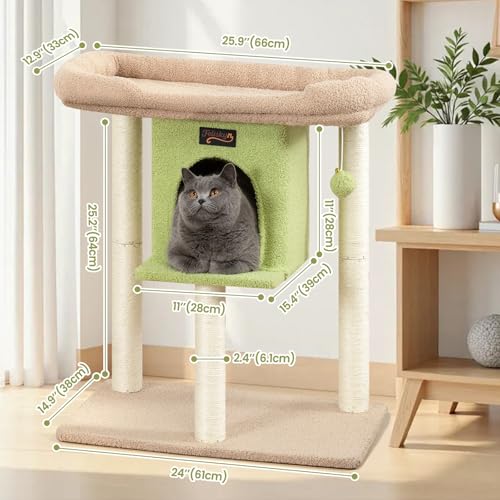 Cat Tree Tower Scratching Post for Indoor Large Adult Cats with Perch Bed (Green / 28 Inches)