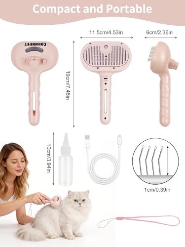 3 in 1 Dog Cat Steam Brush with Storage Rope for Shedding Massaging Grooming (Pink)