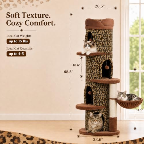 68.5" Leopard Print Cat Tree Tower with 4 Condos & Hanging Hammock (Classic Leopard Print / 69" Forest Cat Tree)