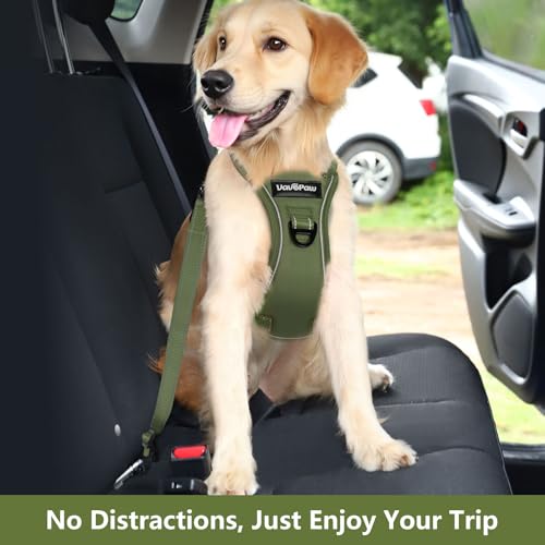 Dog Seat Belt Vest Harness for Car (Full Army Green / L (Chest: 22-32.3", Neck: 16.9-26"))