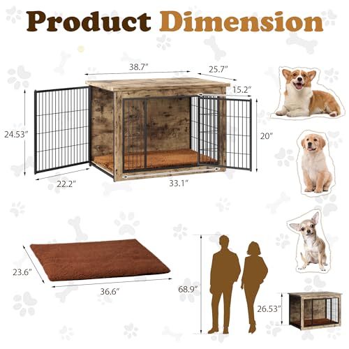 Wooden Dog Crate Furniture with Thick Cushion (L (38.7" x 25.7" x 26.9") / Greige)