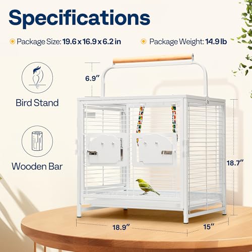 19 Inch Wrought Iron Travel Bird Cage for Cockatiel Parakeets (White)