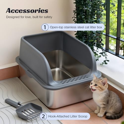 High Sided Stainless Steel Litter Box with Lid