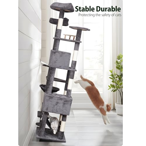 Cat Tree 79in Large Tower for Multiple Indoor Big Cats (Smoky Gray)