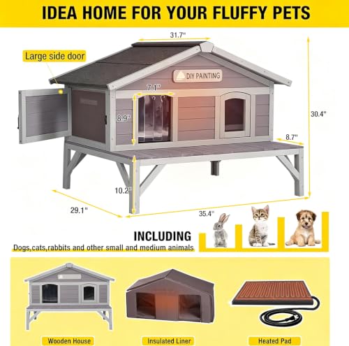 Cat House Outdoor Heated Cat House with Heater Feral Kitty Shelter with 100% Insulated Liner Weatherproof for Winter