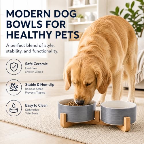 Dog Bowls Ceramic Cat Dog Bowl Set with Wood Stand for Food and Water (Grey White / 850ML*2)
