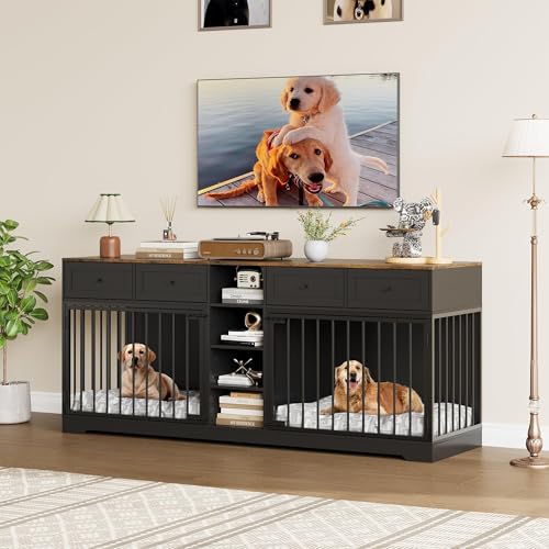 82" Double Dog Crate Furniture with Drawers and Shelves (Black / 81.9"L x 23.6"W x 33.5"H)