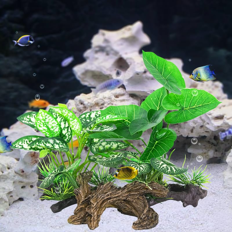 Fish Tank Decorations Aquarium Ornaments 3pcs Betta Silk Leaf Plants Artificial Driftwood Cave Aquarium Plants Accessories (E-3pcs Set/Green)