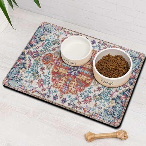 Pet Feeding Mat for Floors Waterproof Dog Mat for Food and Water Absorbent Quick Dry Non Slip mat for Cat Bowls (24"L x 16"W / Boho-2)