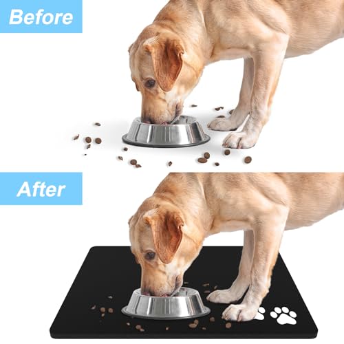 Dog Food Mat 12" x 19" Footprint Absorbent Dog Cat Bowl Mat for Food and Water (A-Black Footprint / 19"L x 19"W)