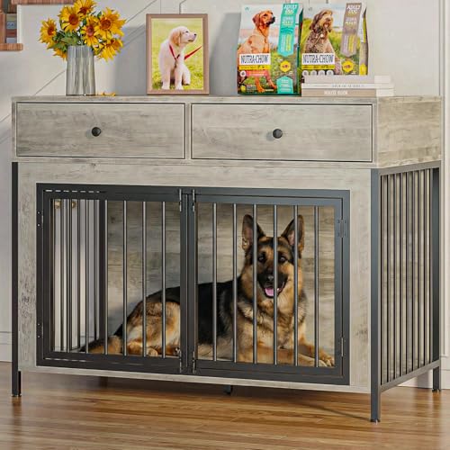 Large Dog Crate Furniture with 2 Drawers (Grey)