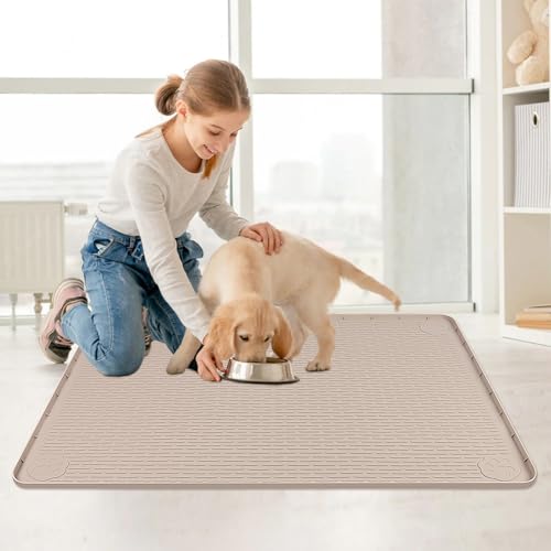 Cat Food Mat Extra Large Silicone Pet Bowl Mat 40''x28'' (Khaki / 40"L x 28"W)