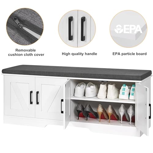 Farmhouse Shoe Storage Bench with 4 Barn Doors & Padded Seat Cushion (White / 47.2" Wide)