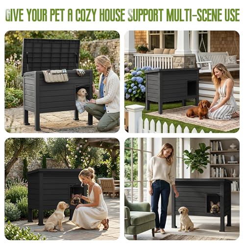Indoor & Outdoor Resin Dog House with Raised Floor and Easy Assembly (Black / 31.02*19.09*26.73)