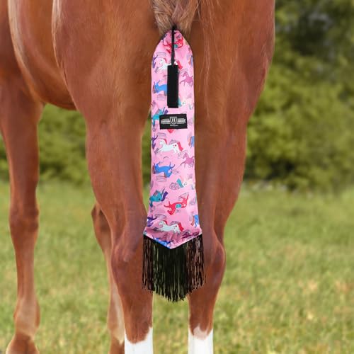 Smooth Lightweight Adjustable Fastener Nylon Horse Tail Bag with Fringe (Pony Print Pink)