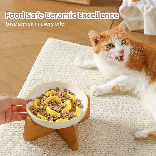 Ceramic Slow Feeder Cat Bowl (Yellow Elevated (Bamboo) / 3.7"H Elevated (Bamboo))