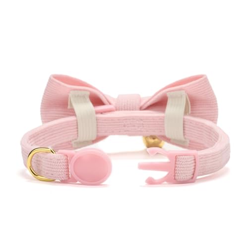 2 Pack Soft Corduroy Cat Collars with Bow Tie & Bell Adjustable Breakaway Kitten Bowtie Collar for Female Male Cats (S:Neck 7.0" - 11.0" / Corduroy-Pink Grass Green)