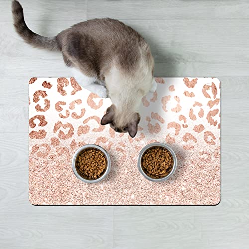 Dog Food Mat 12" x 19" Leopard Absorbent Dog Cat Bowl Mat for Food and Water (Rose Gold Leopard Print / 19"L x 12"W)