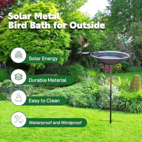 Metal Bird Bath with Stake (Blue-Solar Light)