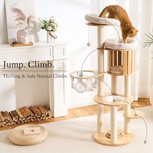 Wood Modern Cat Tree (62 Inch-Turntable-White)