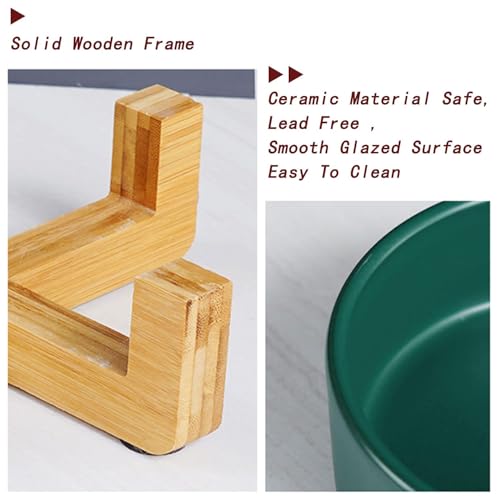 Dog Bowls Green Ceramic Cat Dog Bowl Set with Stand for Food and Water Feeder (Deep Green / 400ML*2)