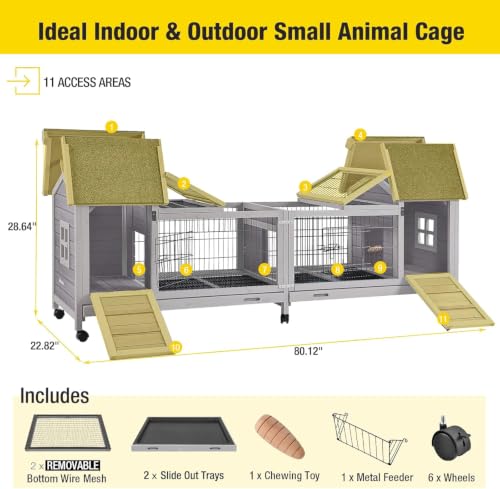 Rabbit Hutch with Run (Grey / 80.12" x 22.82" x 28.64")