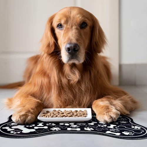 Dog & Cat Food Mat Bone Shaped Pet Feeding Mat Quick Absorb Water Bowl Placemat with Rubber Backing Indoor Floor Stain Resistant Pet Accessory Supplies (Black / 12"L x 18"W)
