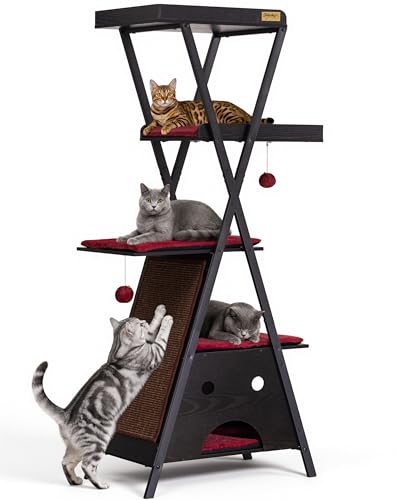 Modern Wood Cat Tree Tower for Indoor Cats Large Adult 67 (67 inch / Black)