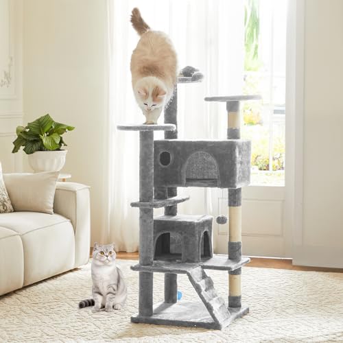 54 Inch Cat Tree Tower with Sisal Scratching Posts (Light Grey / 54"×19.7"×19.7")