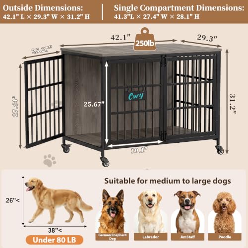 42 in Heavy Duty Dog Crate Furniture on Lockable Wheels (Grey / 42.1"L x 29.3"W x 31.2"H)