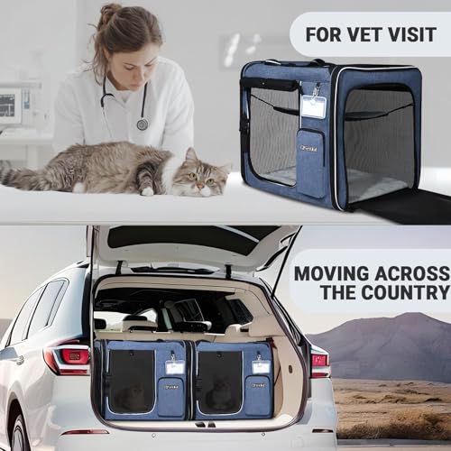 2 in 1 Double Cat Car Travel Carrier with Litter Box (Blue / 38.0"L x 17.0"W x 18.0"H)