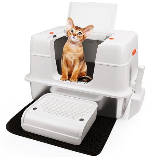 Stainless Steel Litter Box with Lid (Beige(With Mat&Step))