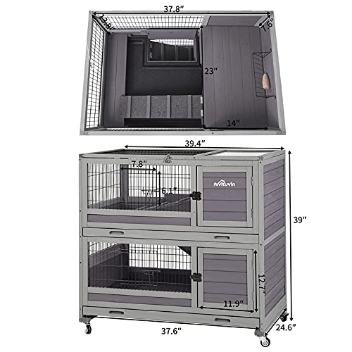 Rabbit Hutch Indoor Outdoor Bunny Hutch Pull Out Tray Guinea Pig Cage with Bottom Wire (Gery)